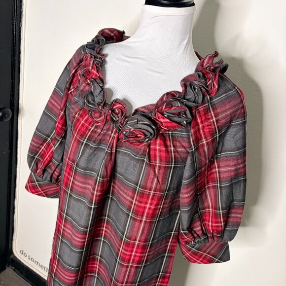 NWT Newport News Plaid Ruffle Rose Neck Midi Dress Red Gray, Fitted Like M - Picture 5 of 14